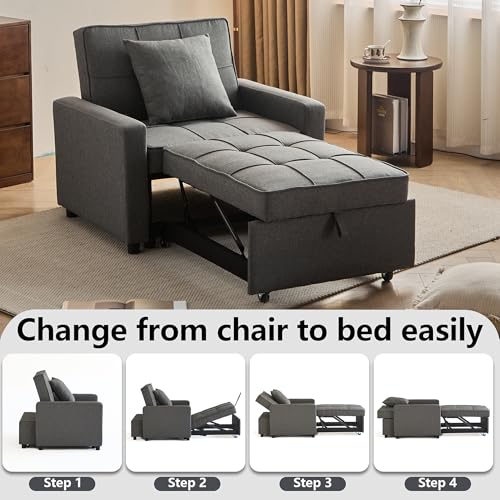 Sofa Bed Chair Convertible ，Sleeper Sofa with Pull-Out Bed ，3-in-1 Futon Couch with Reclining Backrest and Side Pocket (Blue, 35.6‘)