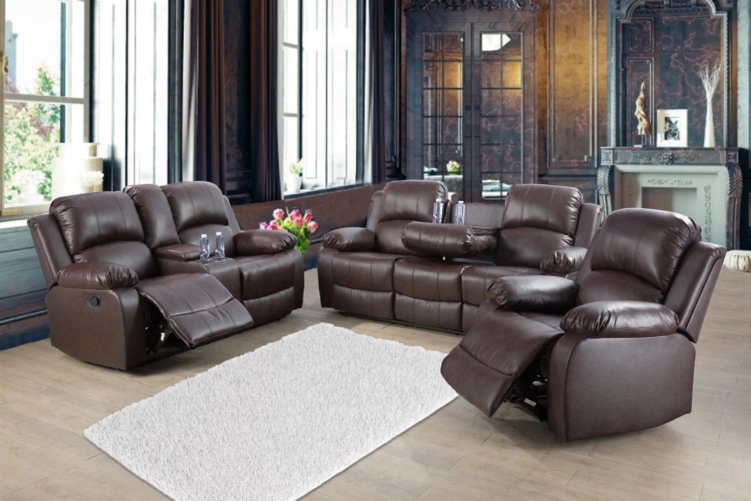 Ainehome Reclining Living Room Sofa Set-3 Seat Sofa, Brown