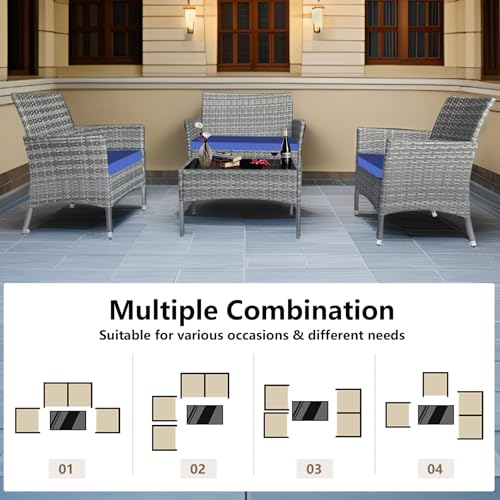 4 piece patio furniture set, Rattan Patio Furniture，Outdoor Wicker Conversation Set with Thick Cushion for Garden, Yard