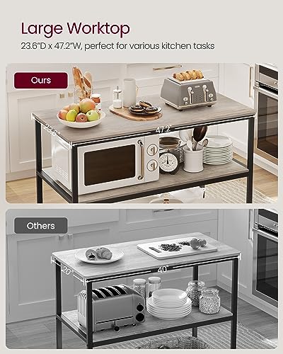 VASAGLE Kitchen Island with 3 Shelves, 47.2 Inches Width Kitchen Shelf with Large Worktop, Stable Steel Structure, Industrial, Easy to Assemble