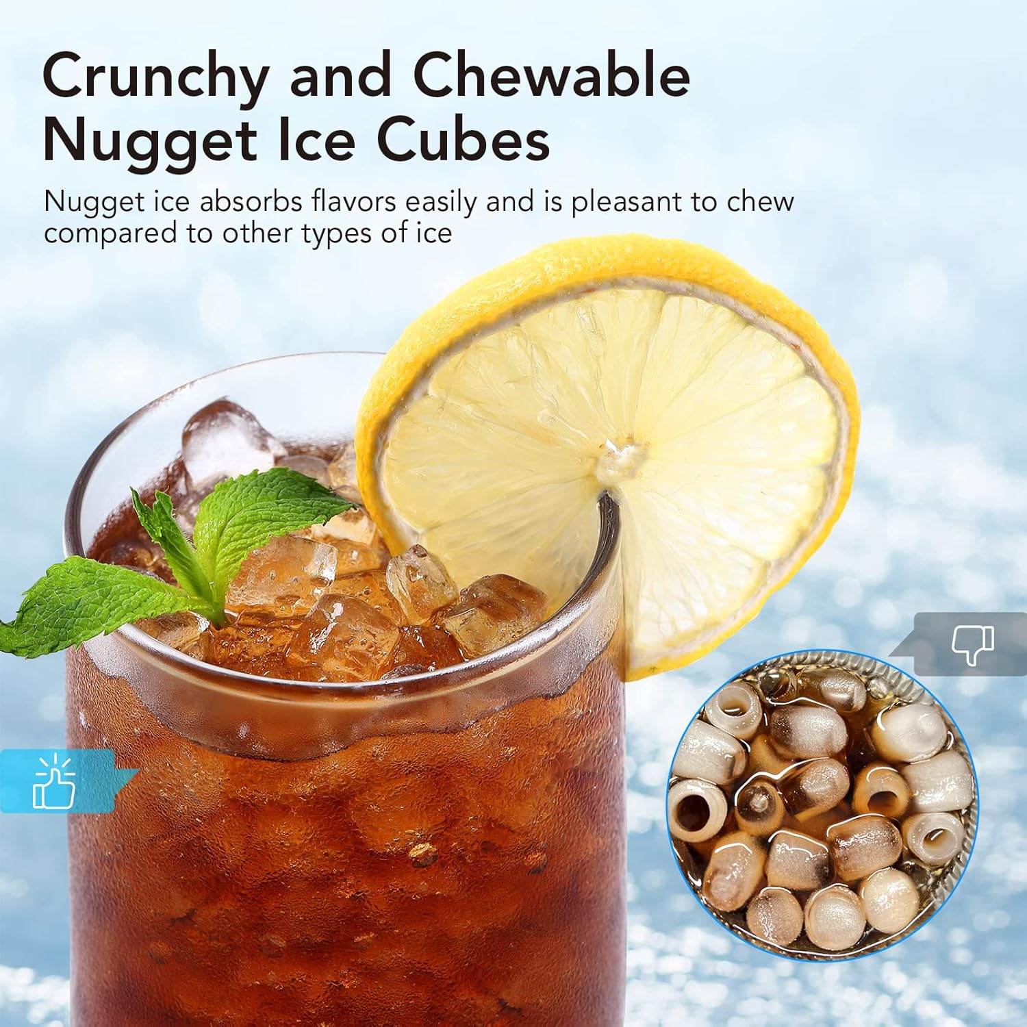 Nugget Ice Maker, Ice-Making of 44lbs/24h, Crushed Ice Maker Machine with Self-Cleaning, Low Noise Countertop Ice Maker, Stainless Steel
