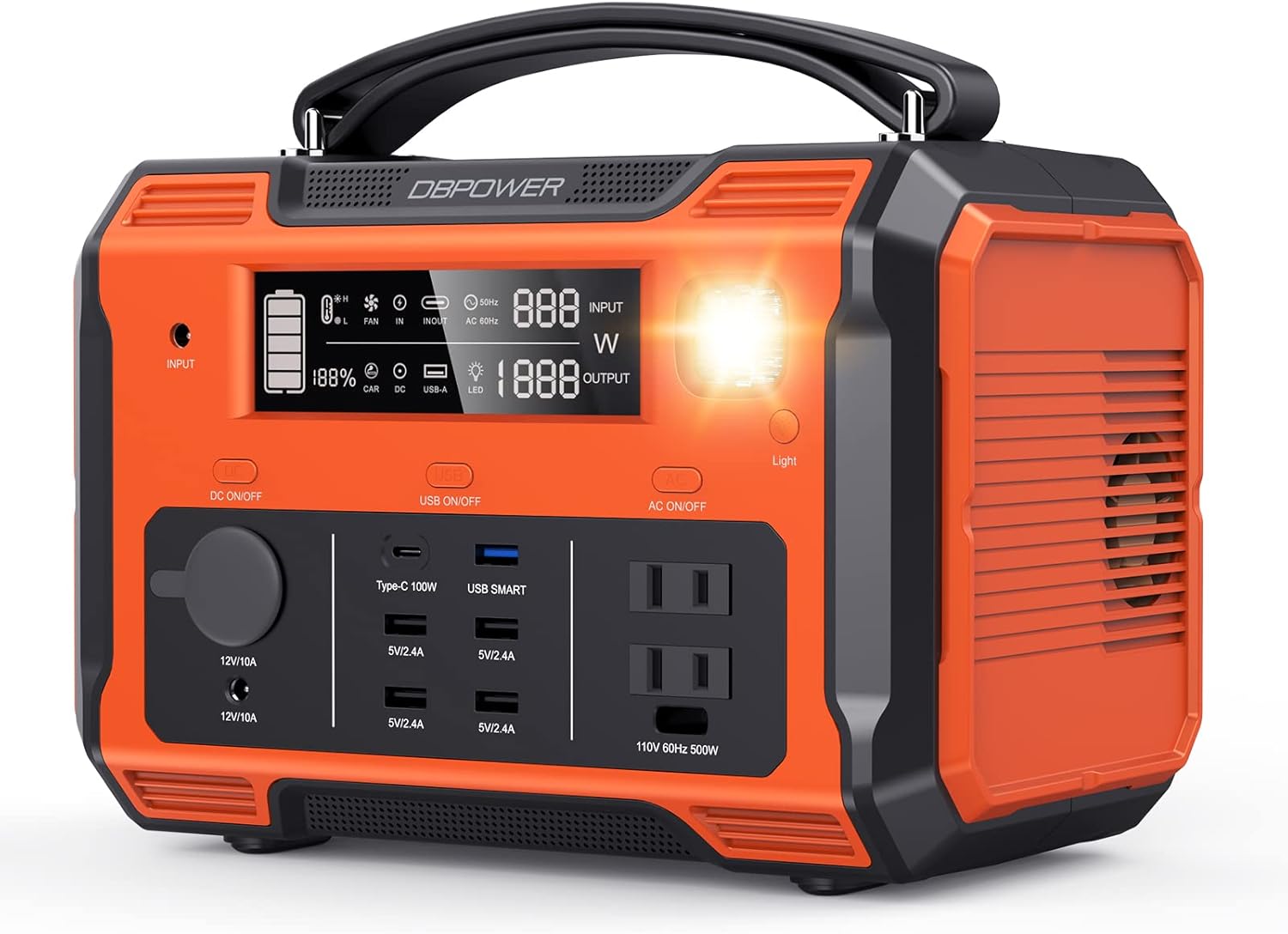 DBPOWER Portable Power Station 505Wh 500W (Peak 1000W) Outdoor Generator PD 100W Quick Charge and 2 110V Pure Sine Wave AC Outlets (Solar Panel Not