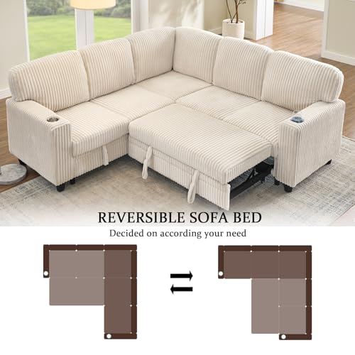 L-Shaped Pull Out Sleep Sofabed,Modern Reversible Sleeper Sectional Sofa Chenille Upholstered Button Tufted Decor with Storage Chaise