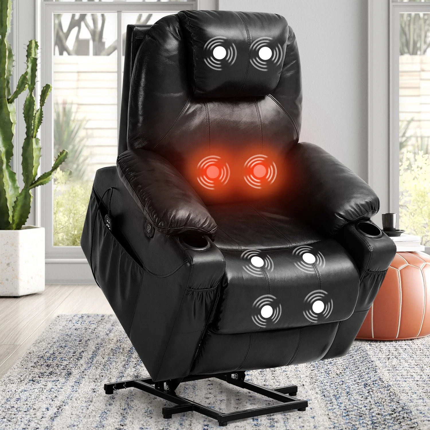 TEKAMON 3-Position Large Power Lift Recliner Chair with Massage and Heating for Elderly, Real Leather(Black)