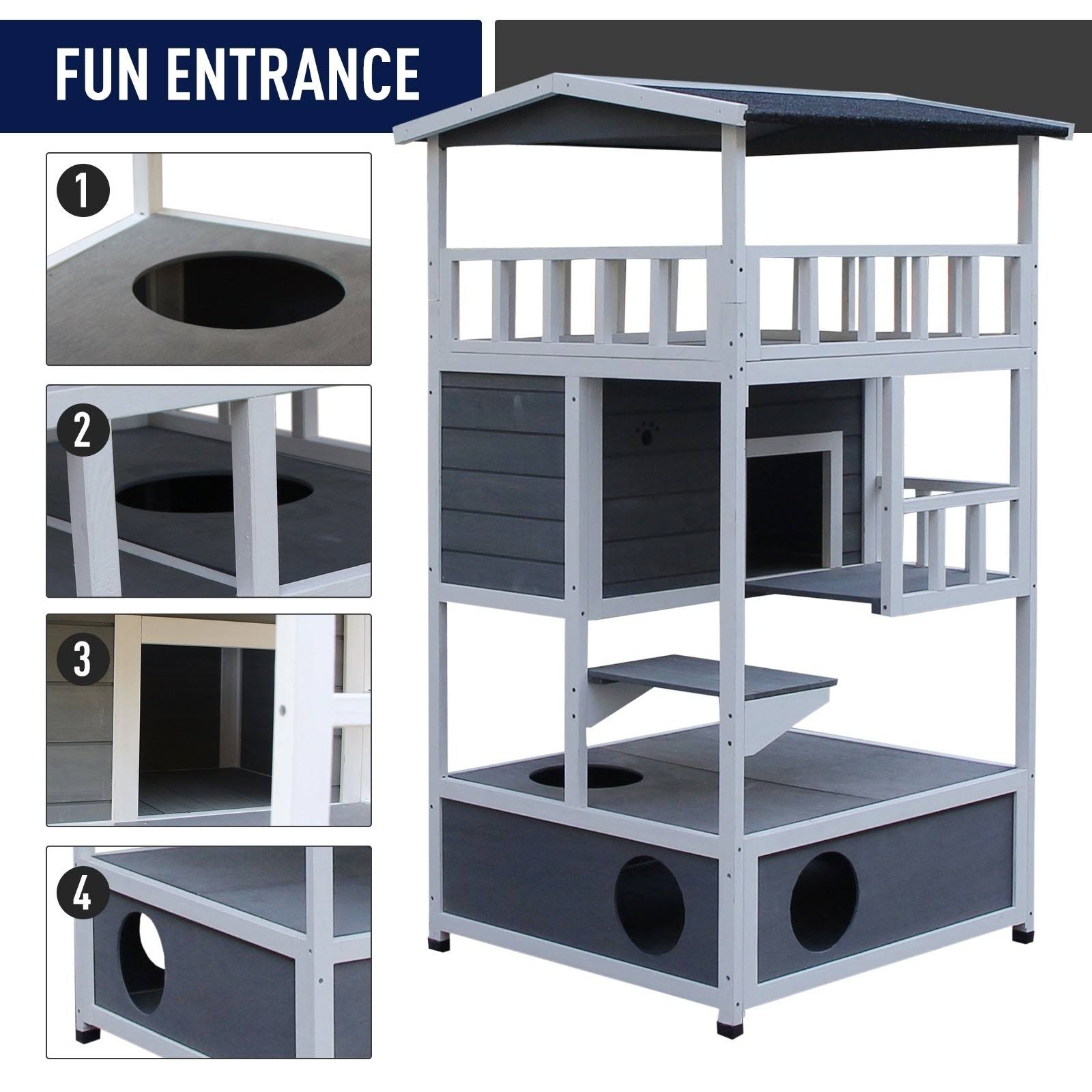 Pawhut Outdoor Solid Wood 4-Floor Cat Condo Pet Villa with Litter Box Space - Gray