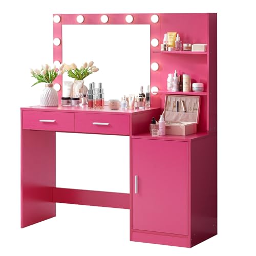 Vanity Desk with Mirror and LED Light Strip,Dressing Table with Large Drawer, 3 Level Storage Dresser & 3 Lighting Modes Adjustable Brightness