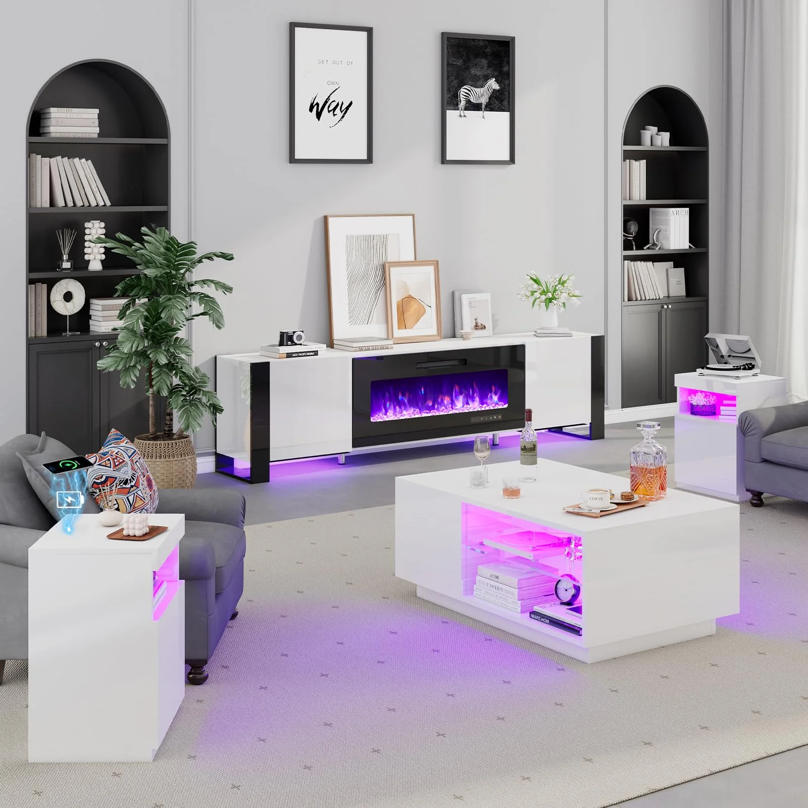 AMERLIFE 4-Piece Living Room Table Set, Includes 70 Inch Fireplce TV Stand, Modern Coffee Table, LED Light Nightstands Set of 2