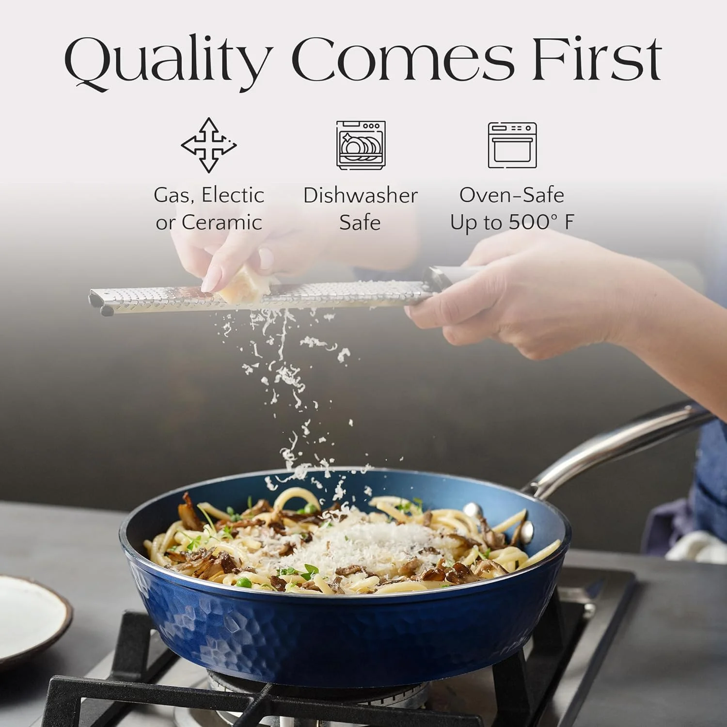 Blue Hammered Collection - Non-Toxic, Non-Stick Ceramic 10 Piece Cookware Set With Glass Lids, Scratch-Resistant, Oven Safe With Upgraded Handles