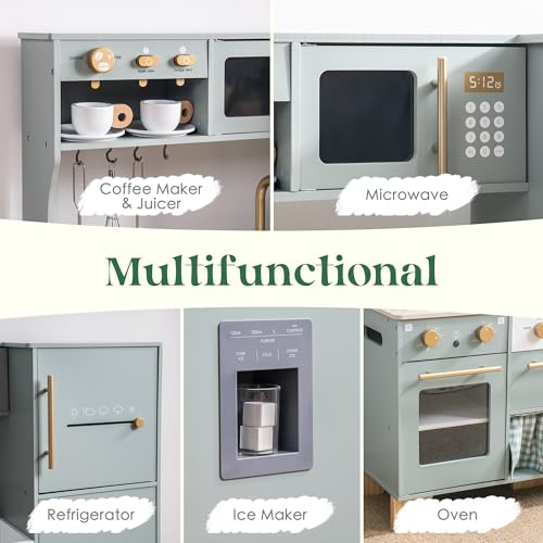 ROBUD Play Kitchen Set, Wooden Play Kitchen with Ice Maker, Fridge, Coffee Machine, Oven, Dishwasher, Microwave, Kitchen Accessories