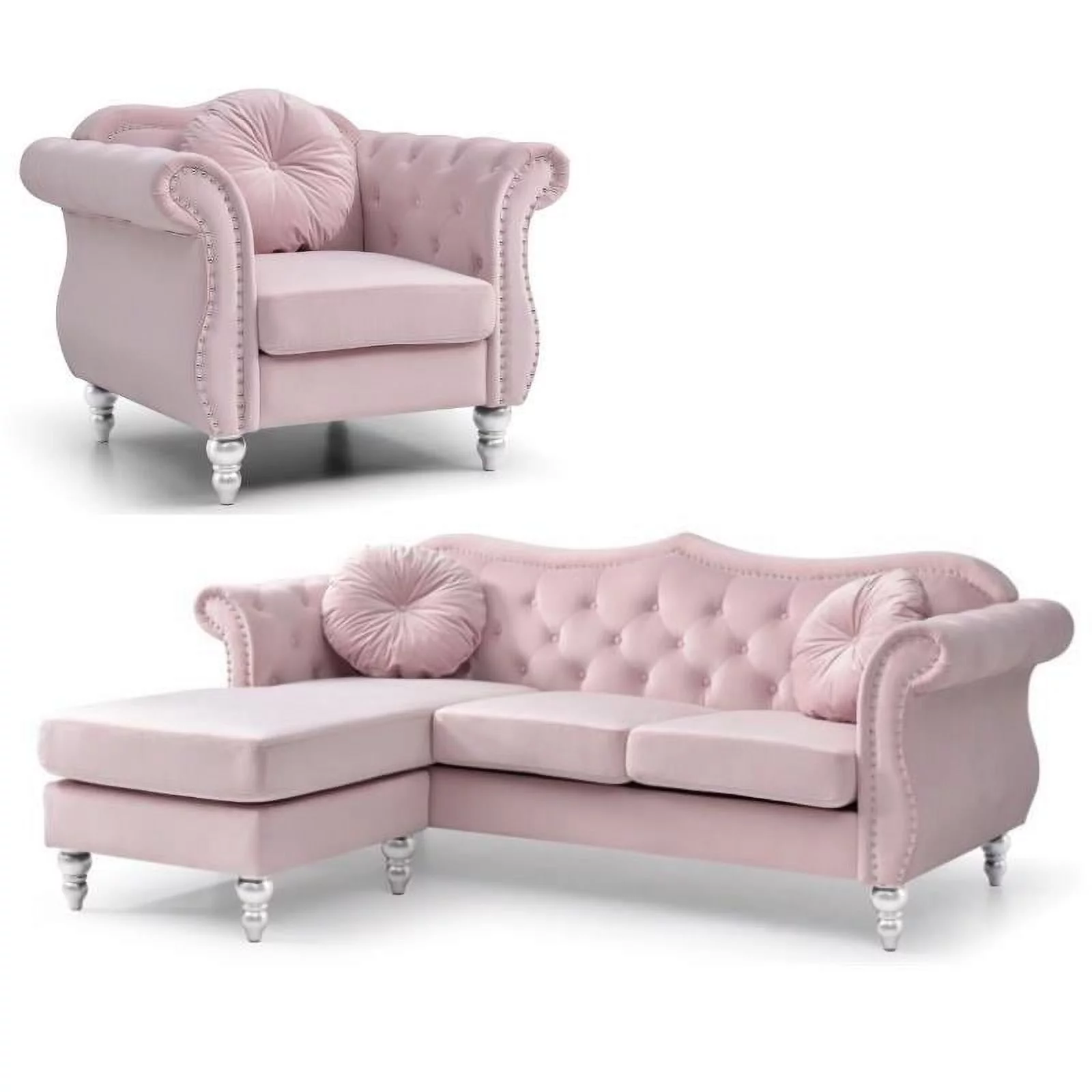 Home Square 2-Piece Furniture Set with Sofa Chaise and Chair in Pink