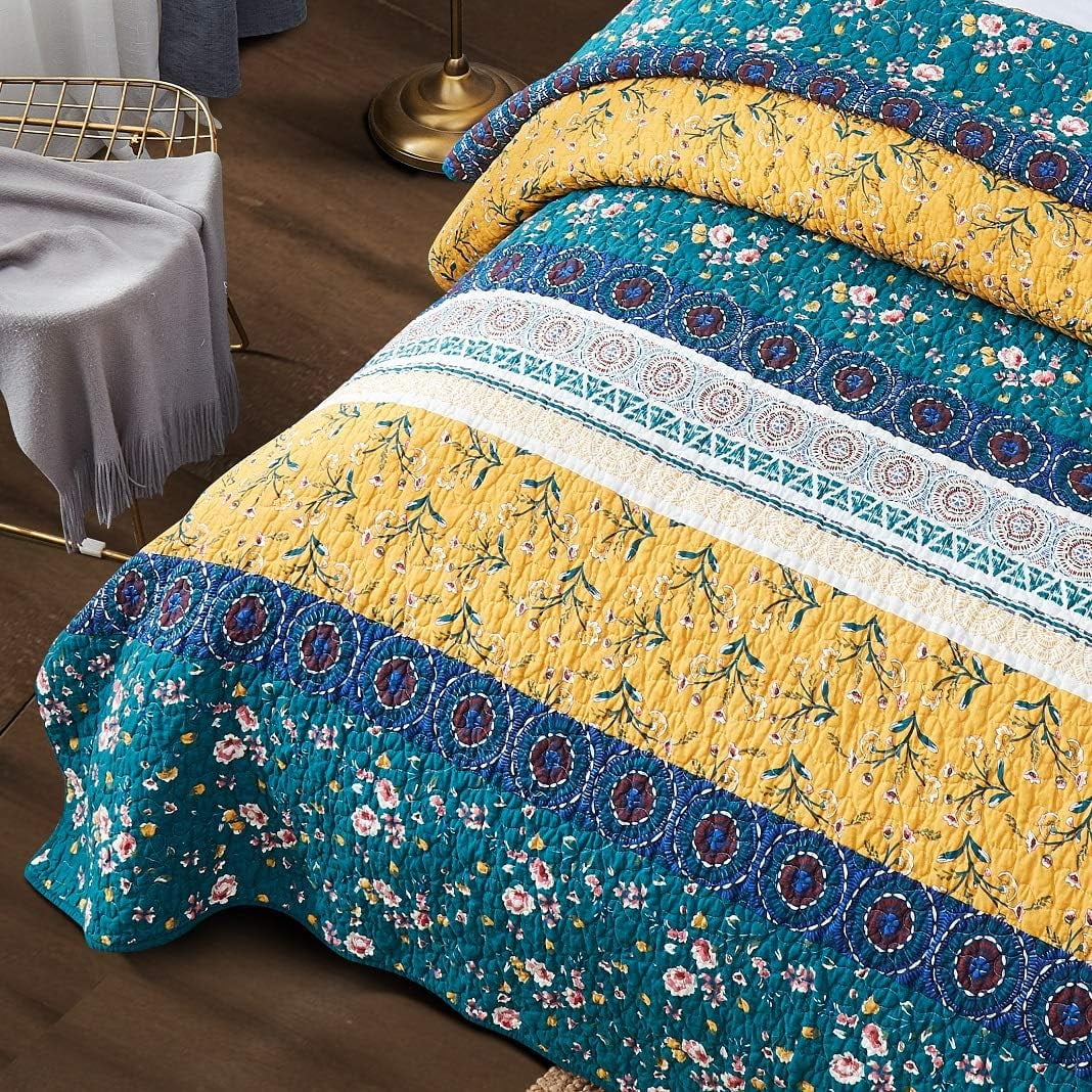 Bohemian Gardenia Floral Patchwork Bedspread Set - Cotton Bed Of Wild Flowers Botanical Quilted Coverlet - Bright Vibrant Yellow Blue Teal Green