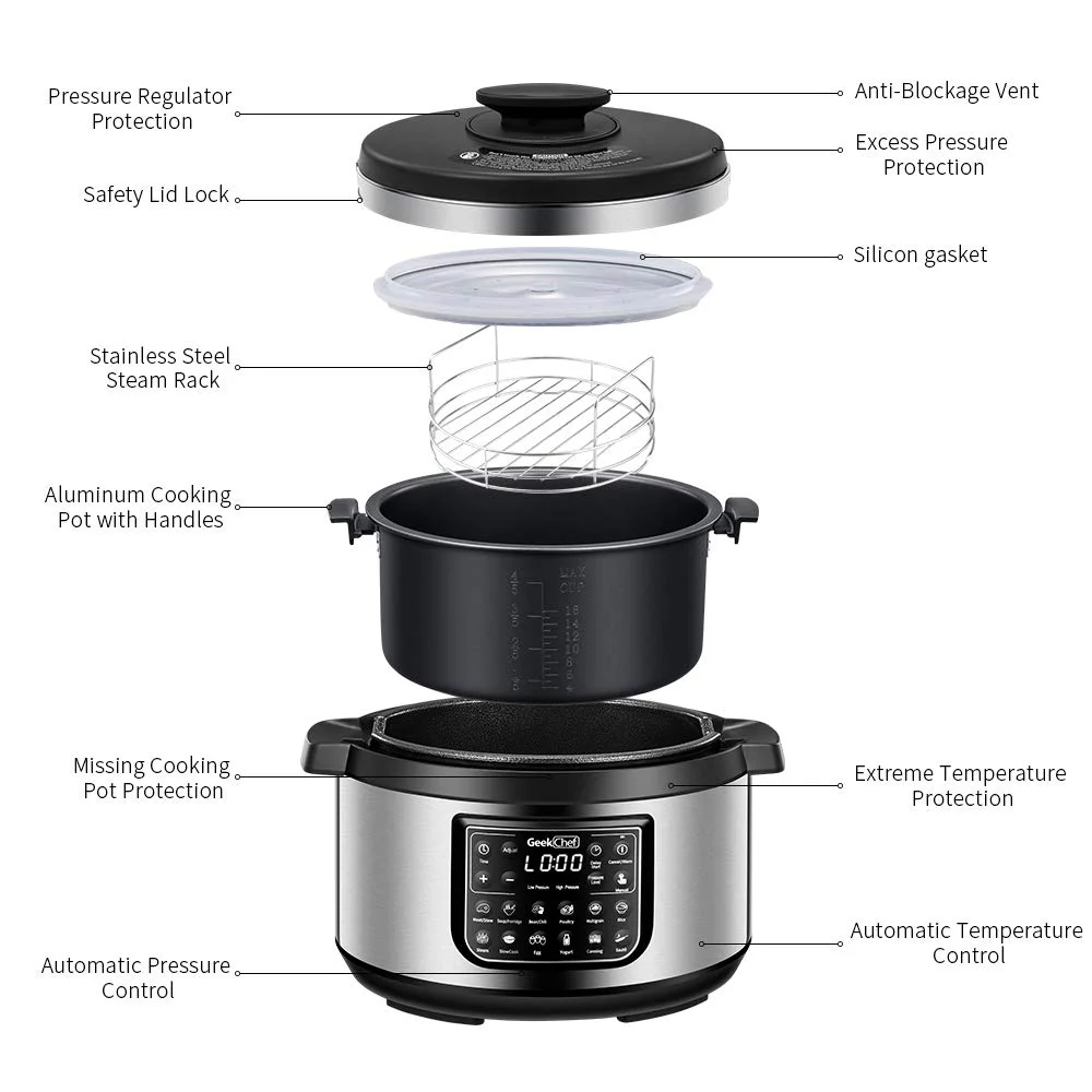 12-In-1 Electric Pressure Cooker，Multi-Function Programmable Pressure Cooker, Slow Cooker, Rice Cooker, Wok, Steamer, Heating Pot, Stainless Steel