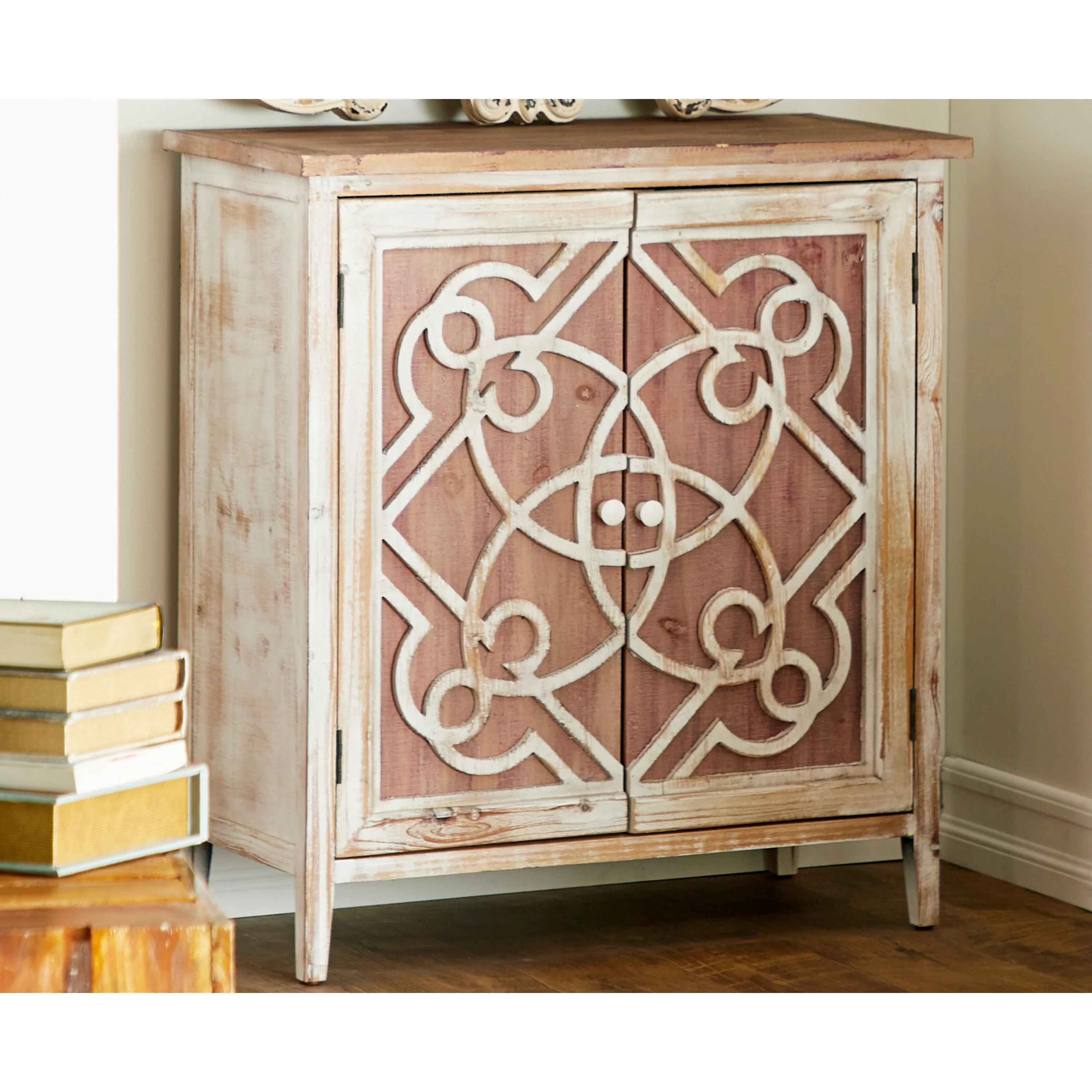 DecMode 28" x 31" Light Brown Wood 1 Shelf and 2 Door Geometric Cabinet with Carved Relief Overlay, 1-Piece