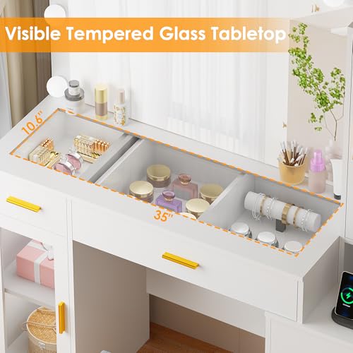 BEWISHOME 49.2" Large Vanity Desk with Mirror and Lights,White Makeup Vanity Table with Glass Top,Stool,Makeup Desk with Power Outlet,Drawers,Cabinet