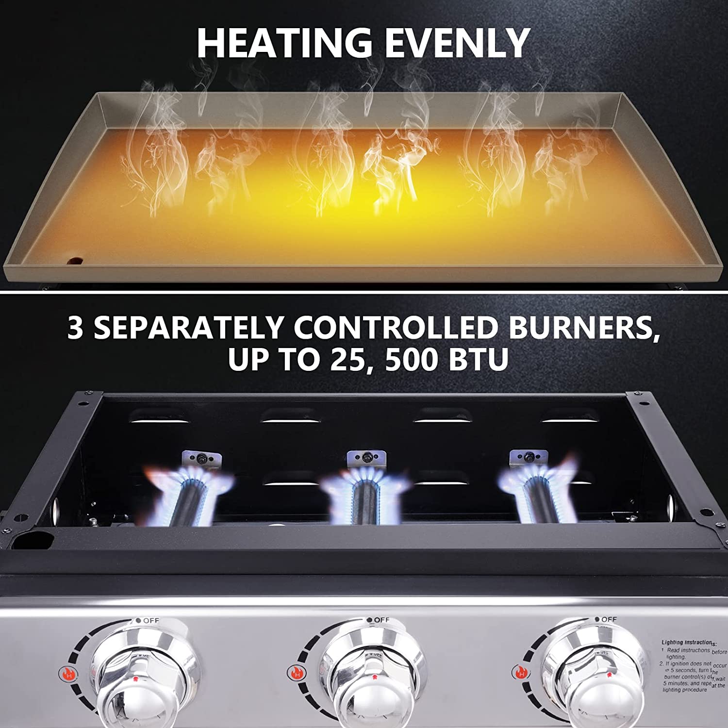23in 3-Burner Propane Gas Griddle, 355 sq in, 25,500 BTU - For Outdoor, RV, Tailgating