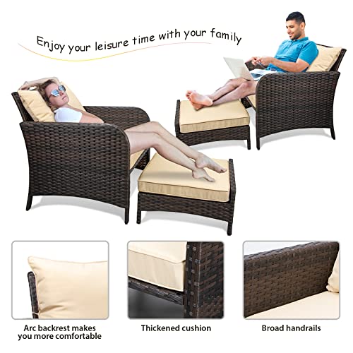 LEVELEVE Balcony Furniture 5 Piece Patio Conversation Set, PE Wicker Rattan Outdoor Lounge Chairs with Soft Cushions 2 Ottoman&Glass Table for Porch