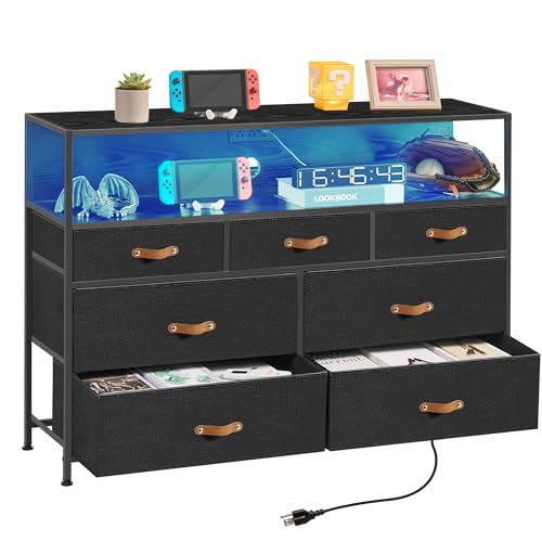 TV Stand Dresser for Bedroom with Charging Station & RGB LED Lights, 47.2" W Black Dresser with 7 Drawers for 55" TV, Chest Dresser for Bedroom