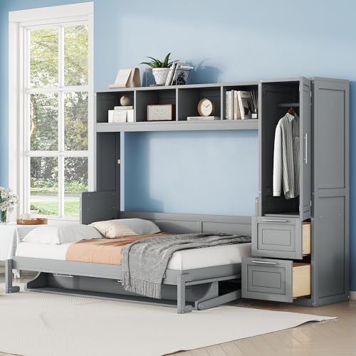 Harper & Bright Designs Queen Size Murphy Bed Wall Bed with Closet and Storage Drawers