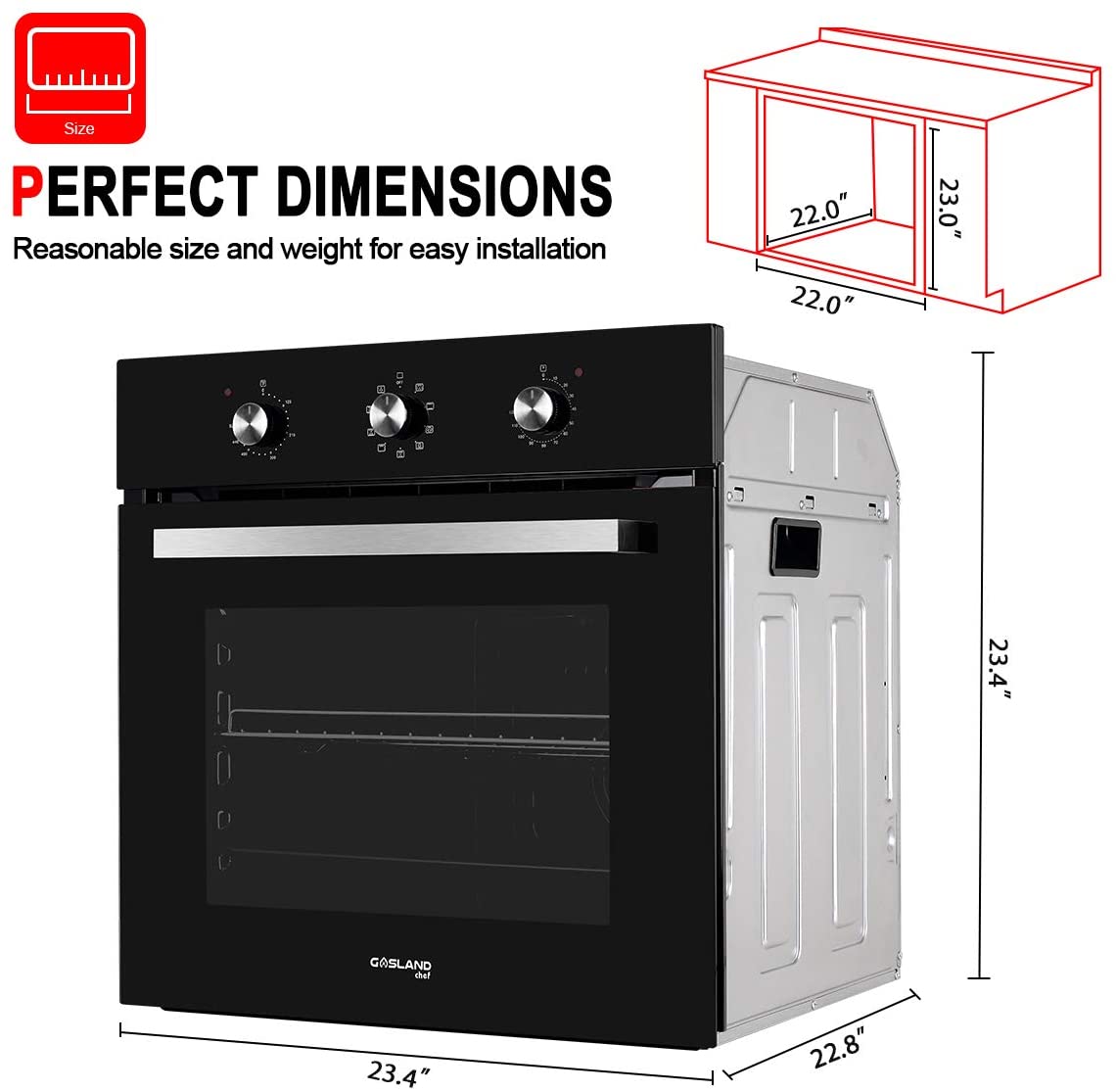 Gasland Chef ES609MB 24" Built-in Electric Wall Oven, 240V 3200W 2.3Cu.f Convection Wall Oven with Rotisserie, 9 Cooking Modes