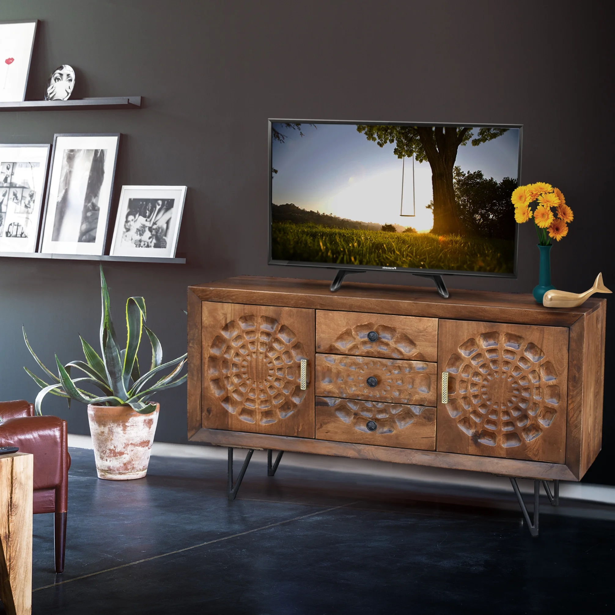 Aztec Recycled Mango Wood Buffet with 3 Drawers and 2 Doors