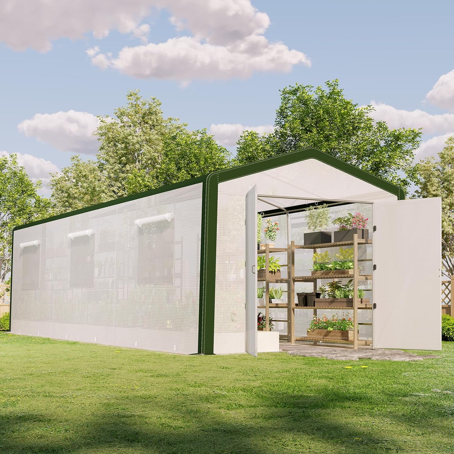 AMERLIFE 30x10x8.5ft Large Tunnel Greenhouse for Outdoors with Hinged Door 6 Vents White/Green