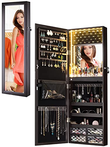 LUXFURNI Mirror Jewelry Cabinet 79 LED Lights Wall-Mount/Door-Hanging Armoire, Lockable Storage Organizer w/Drawers (White)