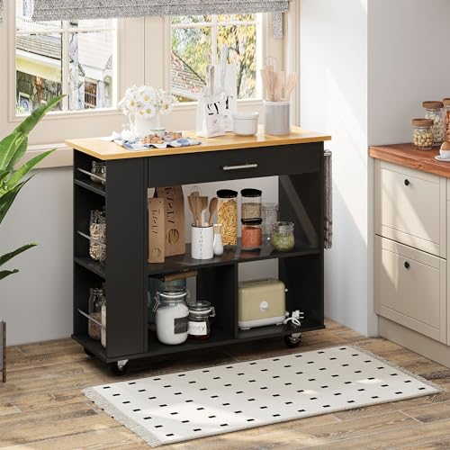 Shintenchi Rolling Kitchen Island Cart with Folding Drop Leaf Breakfast Bar, Portable Trolley Island with Large Storage Cabinet, Shelf and Drawer