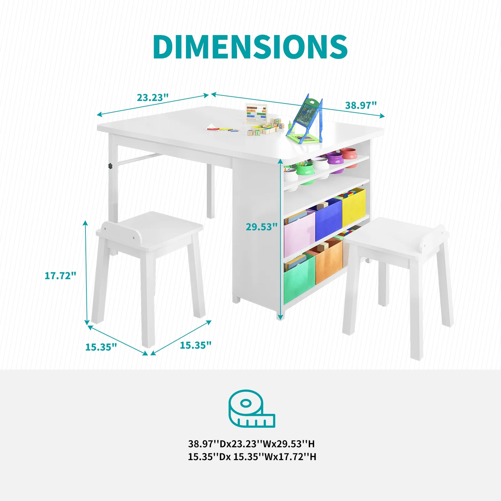 BALUS Modern Kids' Art Table and Stools Set (White), Wooden Drawing and Painting Desk with Paper Roller and Removable Craft Supplies Storage Bins