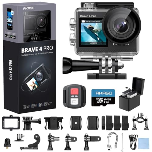 AKASO Brave 4 Pro 4K30 Action Camera with 256GB MicroSD U3 Card 131FT Underwater Waterproof Camera EIS Touch Screen Remote Control with 2x1350mAh