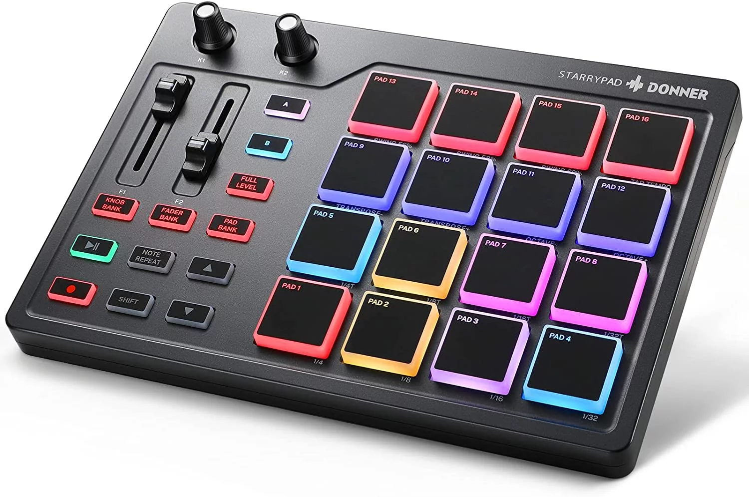 Donner MIDI Pad Beat Maker Machine Professional, Drum Machine with 16 Beat Pads, 2 Assignable Fader & Knobs and Music Production Software