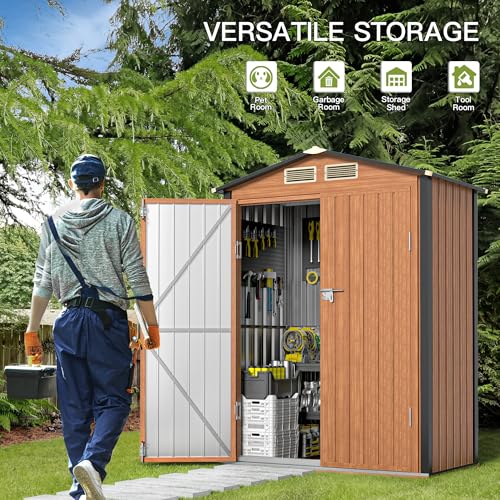 Outdoor Storage Shed, 5x3 Ft Metal Steel Tiny House with Lockable Door, Vertical Outside Storage Building for Garden, Backyard, Lawn, Patio Utility