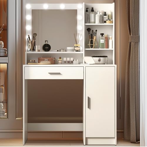 Vanity Desk with Mirror and Light, Large Drawer and Three Level Storage Dresser, 3 Lighting Modes Adjustable Brightness