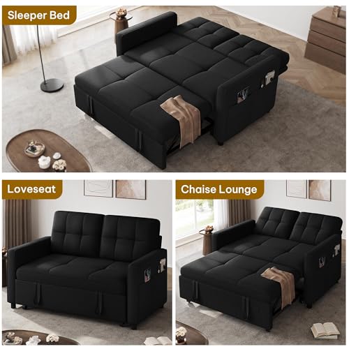 DWVO 55" Convertible Sofa Bed, 3-in-1 Sleeper Sofa with Pull-Out Bed, Linen Futon Couch with Adjustable Backrest and Side Pocket