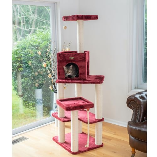 Armarkat Real Wood Cat Tower, Ultra thick Faux Fur Covered Cat Condo House A6902B, Burgundy