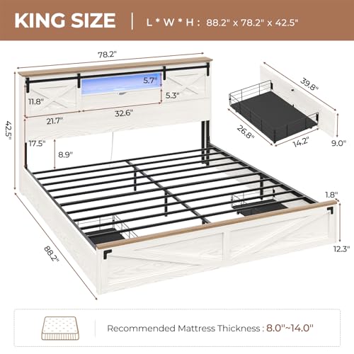 Hasuit Farmhouse Bed Frame California King Size with Storage Bookcase Headboard, Wooden Cal King Bed with LED Lights, Charging Station, 2 Drawers