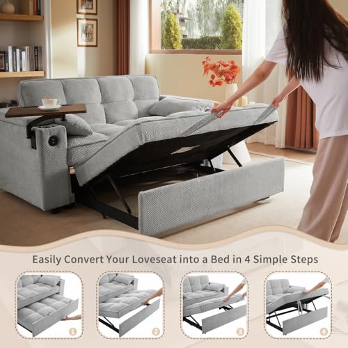 68.11" Corduroy Sleeper Chair Bed with USB Port, Cup Holders & Side Storage Pockets – 3-in-1 Foldable Sofa Bed for Guest Room, Living Room – White