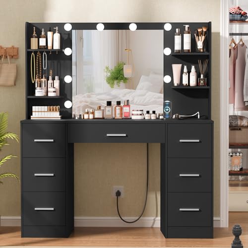 Quimoo Large Vanity Desk with LED Lighted Mirror & Power Outlet,Makeup Vanity Table with 7 Drawers,4 Shelves and 5 Hooks,Vanity Table