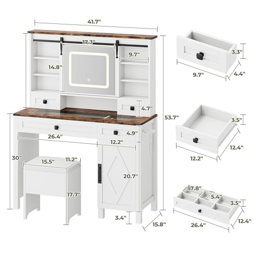IRONCK Farmhouse Vanity Desk with Sliding Mirror & Lights, Glass Top Makeup Vanity Table with Power Outlet, 3 Color Lighting Modes