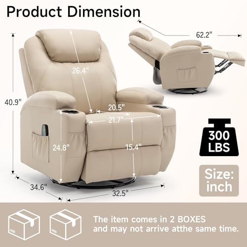 Recliner Chair, Rocking Chair with Massage and Heat, 360° Swivel Recliner Chairs for Adults