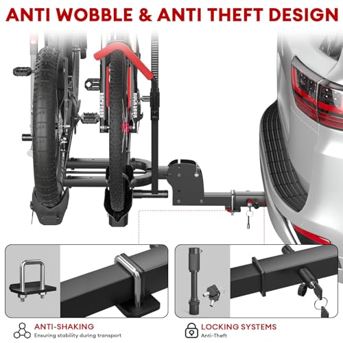 Hitch 2 EBike Rack with Ramp, 170lbs Capacity Foldable Electric Bike Carrier for 2 Heavy Ebike, Up to 5" Fat Tire Bicycle for 2" Receiver for Car