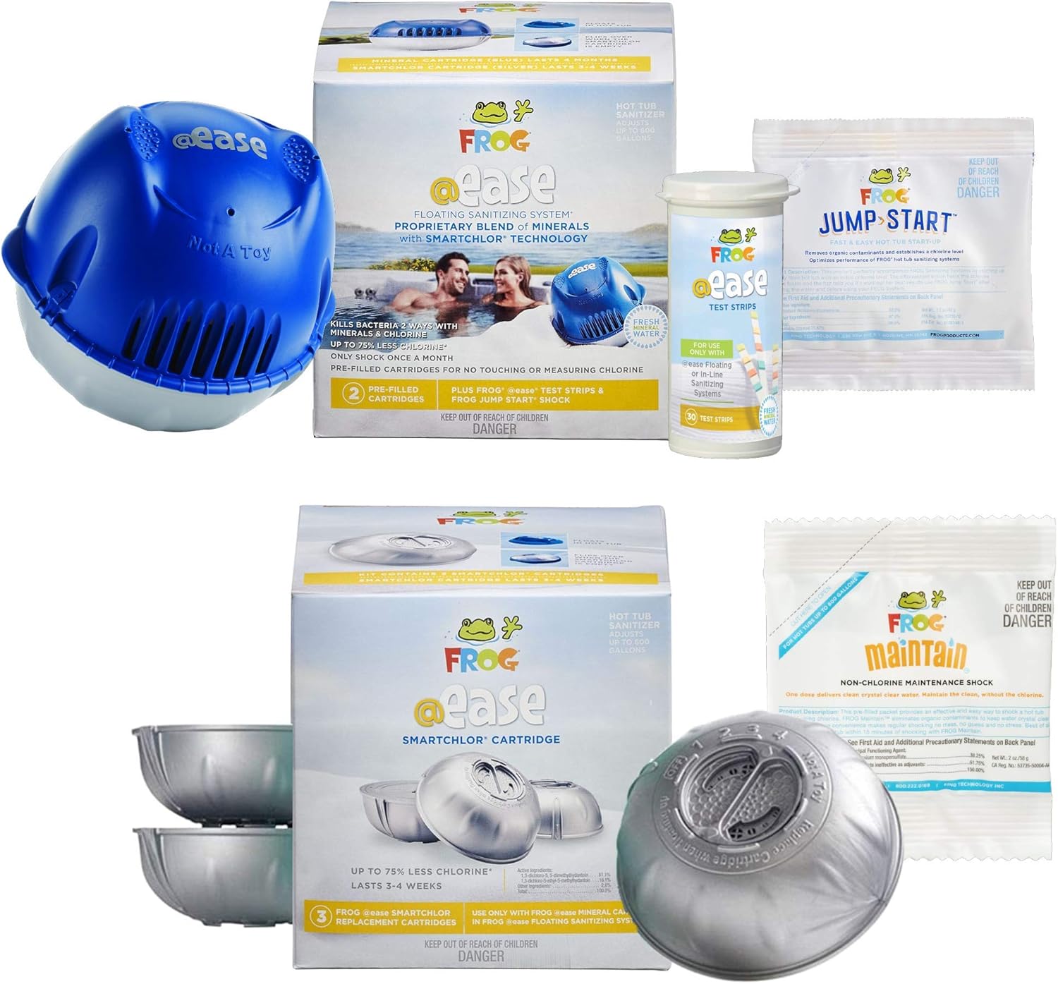 Spa Frog @Ease Floating System and 3 Refill SmartChlor Ease Replacement Mineral Cartridges, 30 Test Strips