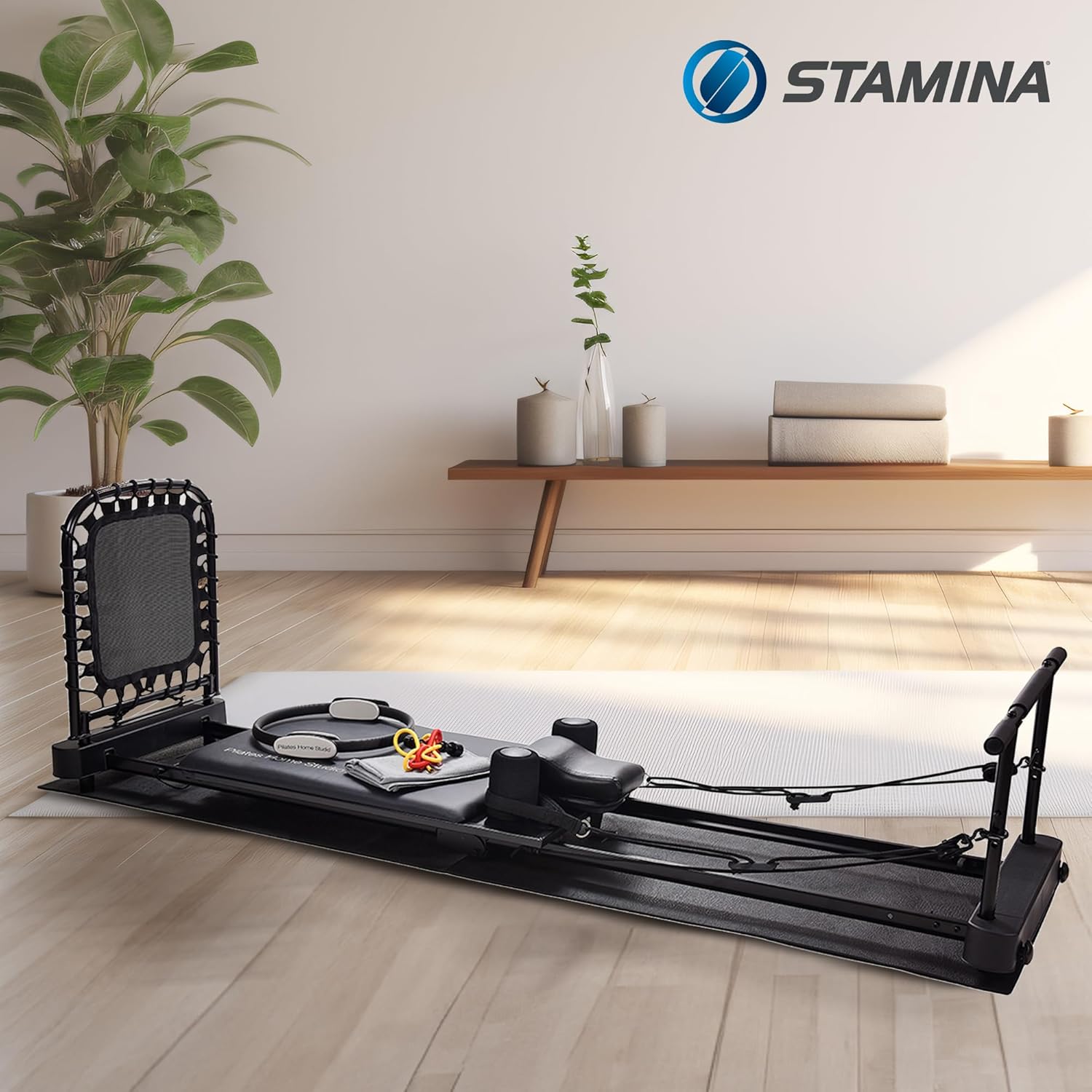 Stamina Products Pilates Home Studio Foldable Reformer, Complete Workout System for Fitness Enthusiasts, All in One Pilates Experience, Black