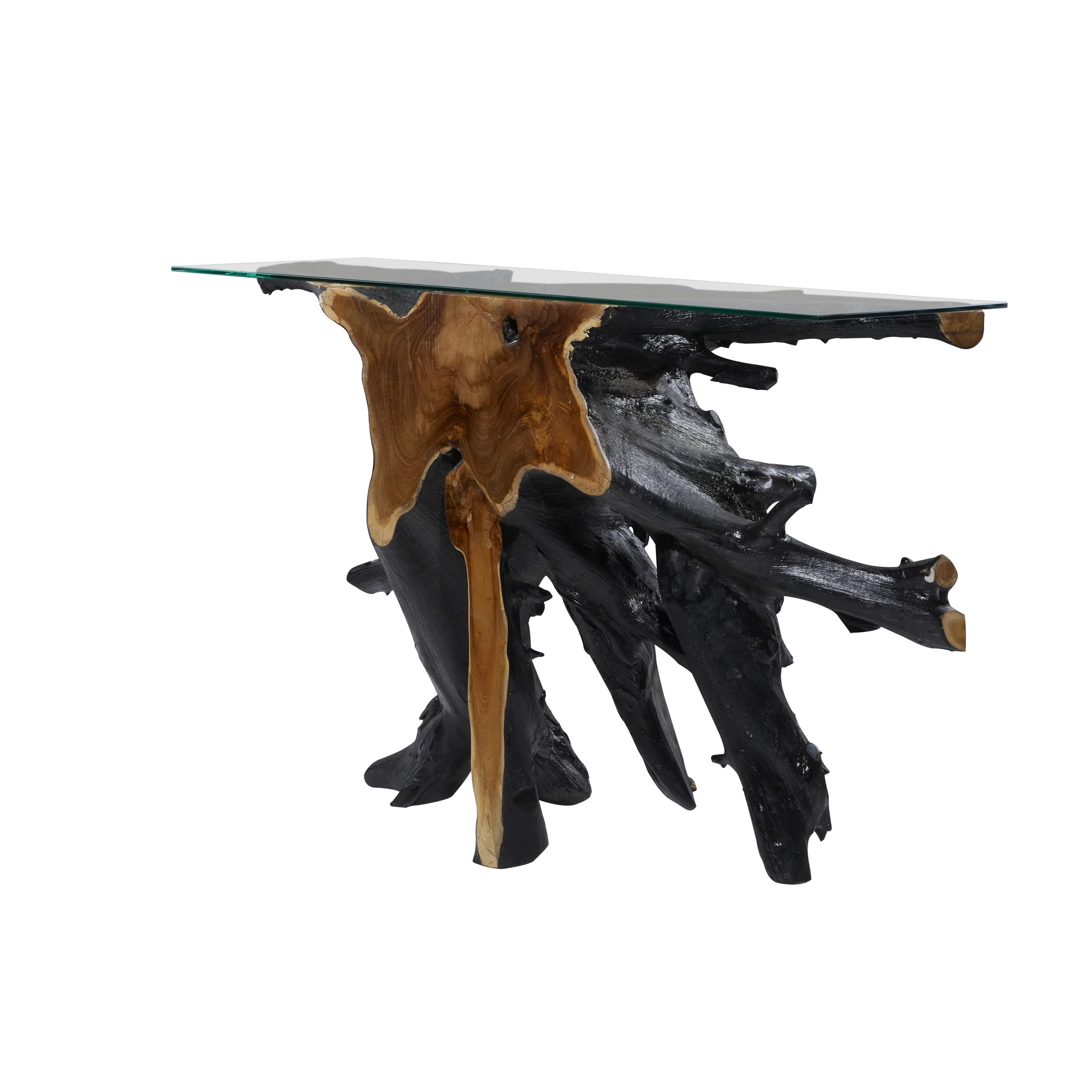 DecMode 49" x 32" Black Teak Wood Live Edge Tree Stump Console Table with Clear Glass Top, 1-Piece
