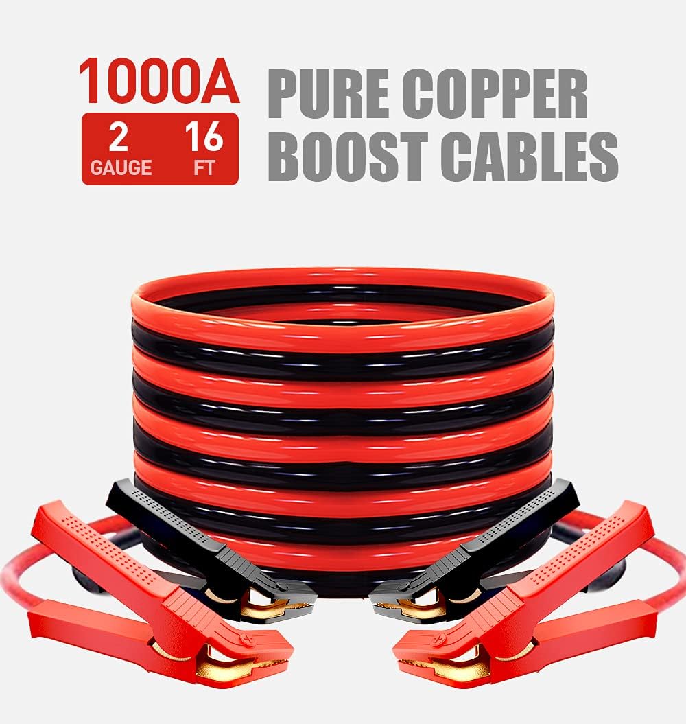 AUTOGEN 100% Copper Jumper Cables 2 Gauge 16 Feet for Car Battery Heavy Duty Jumper Cables 1000AMP Smart Booster Cables with Strong Clips Carry Bag