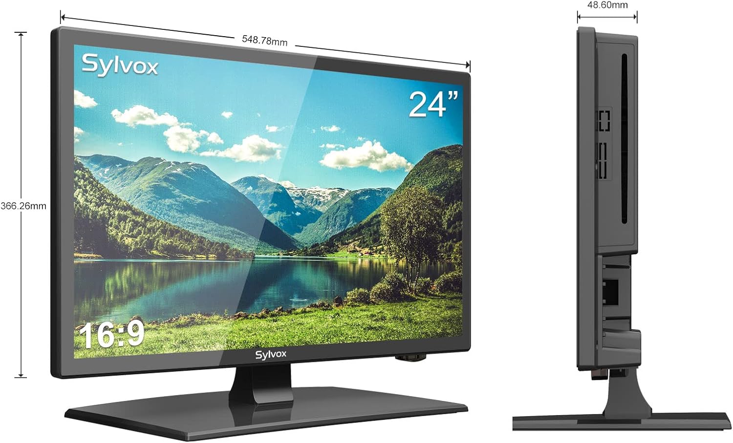 SYLVOX 24'' TV 12/24 Volt TV 1080P FHD RV TV, with Digital Video Disc Player FM Radio Base and Digital Noise Reduction