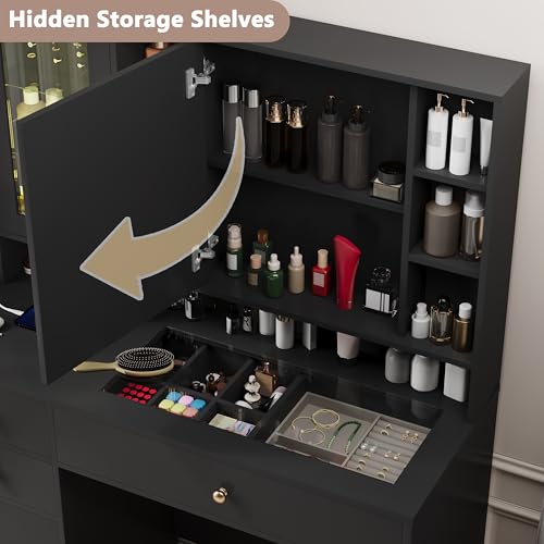 Makeup Vanity Desk with Mirror and Lights, White Vanity with Glass Top, LED Lights & Power Outlet, 3 Drawers & 2 RGB Glass Cabinets