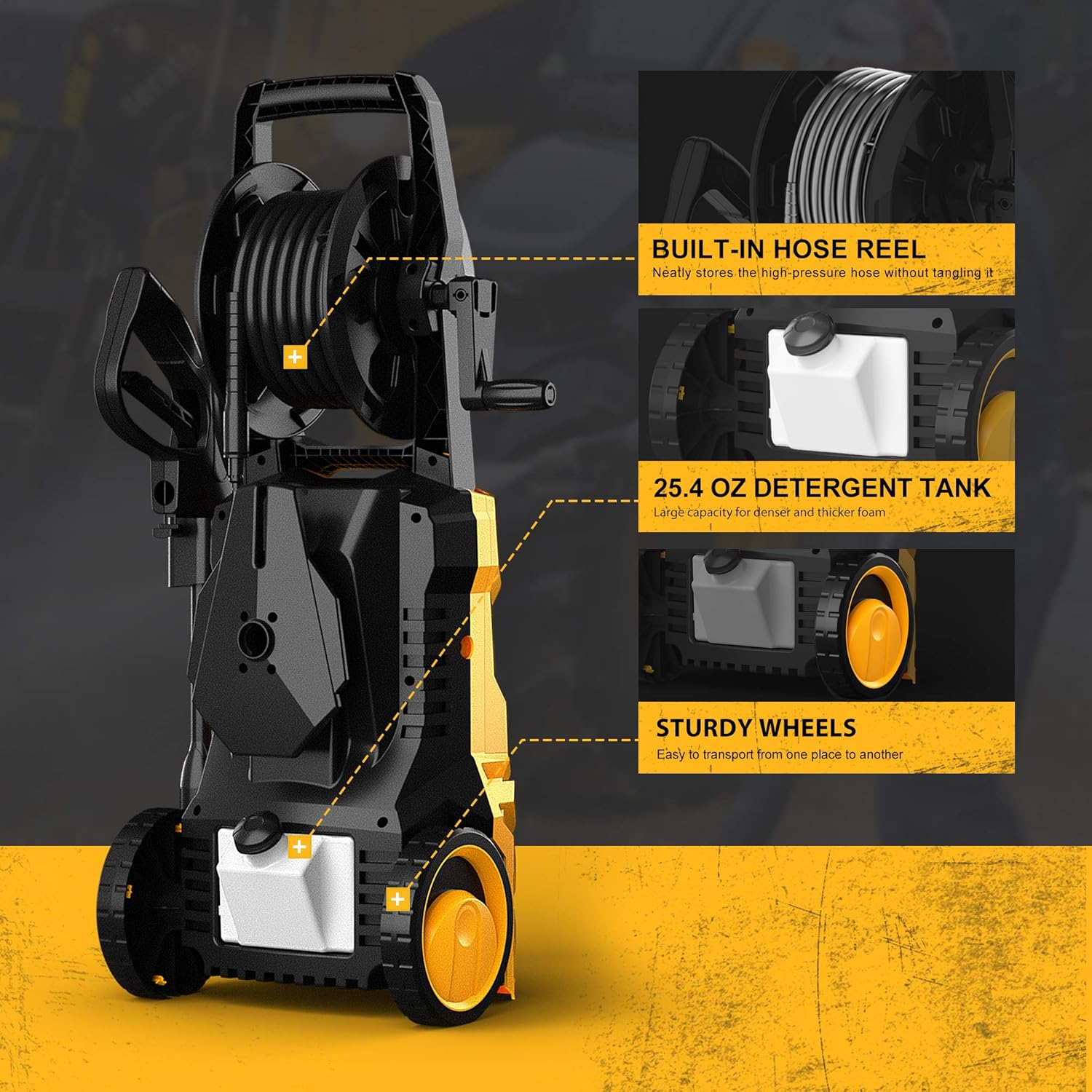 WestForce Electric Pressure Washer, 3000 PSI 1.85 GPM Power Washer, 1800 W High Power Cleaner with 5 Nozzles, Hose Reel, Detergent Tank Ideal for Car