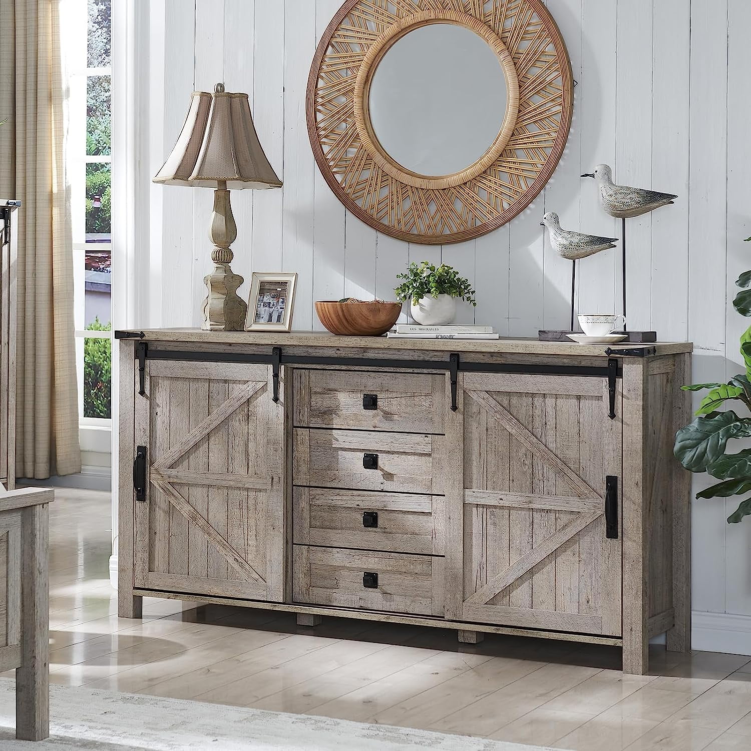 OKD 60" Farmhouse Dresser Chests for Bedroom with 4 Drawers & Sliding Barn Doors, Rustic Dresser TV Stand, Light Rustic Oak