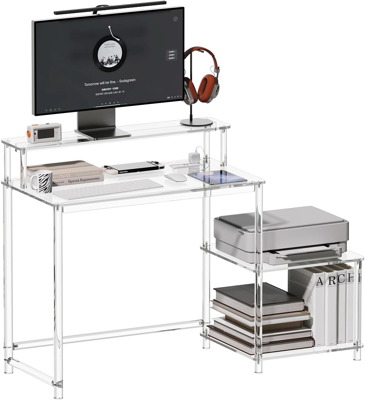 Eglaf Acrylic Desk with Printer Space - Home Office Desk Computer Desk with Power Outlet, Monitor Stand, for Study Working Writing Gaming