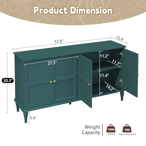 ARTPOWER Sideboard Buffet Cabinet with Storage, 58'' Mid-Century Modern Storage Cabinet with 4 Doors and Adjustable Shelves